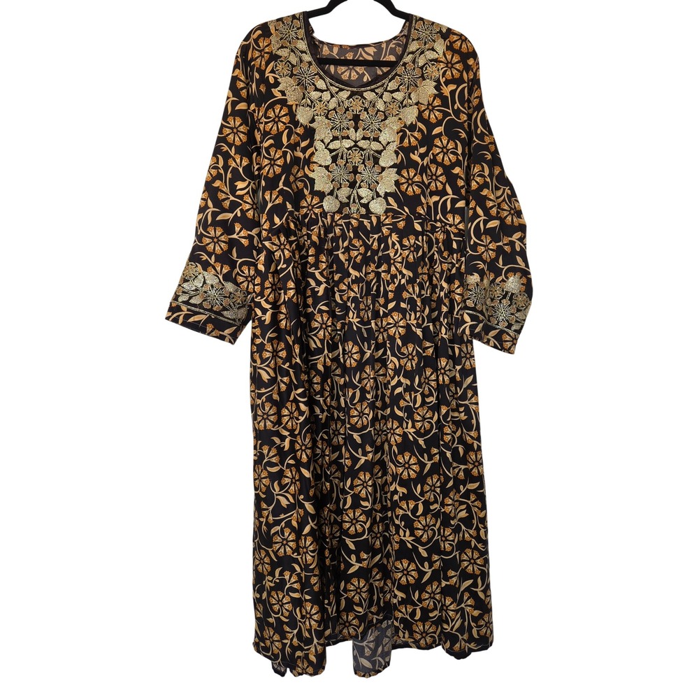 Vintage Handmade Floral Maxi Kaftan Dress Gold Embellished Beaded 70s Retro Boho